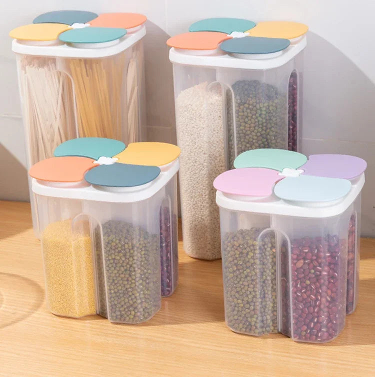 4-Grid Cereal Storage Box – Plastic Sealed Food Container & Grain Tank with Moisture-Proof Lid