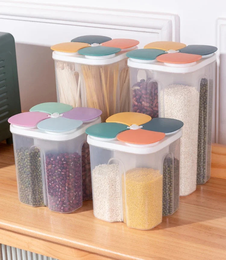 4-Grid Cereal Storage Box – Plastic Sealed Food Container & Grain Tank with Moisture-Proof Lid