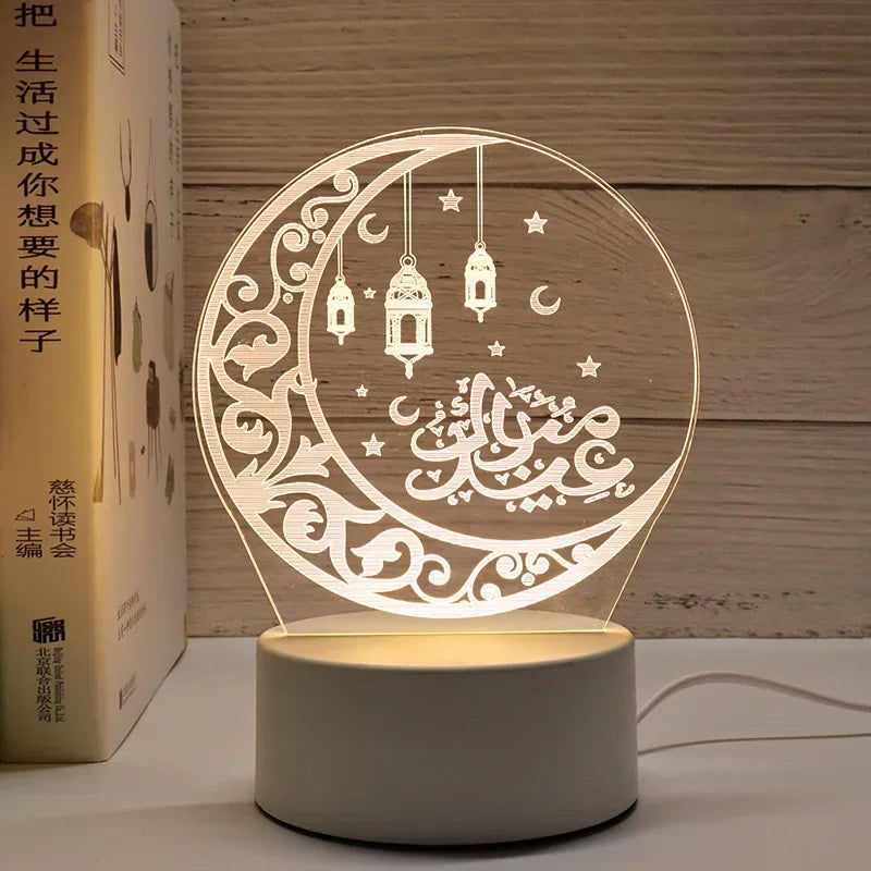 3D Acrylic LED Night Light – Eid Mubarak Ramadan Decor Lamp, USB Powered