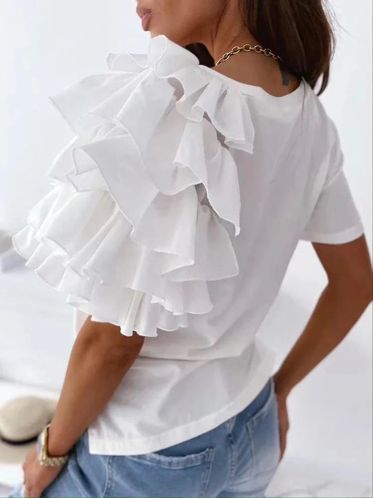 Elegant Mesh Ruffles Short Sleeve Loose T Shirt