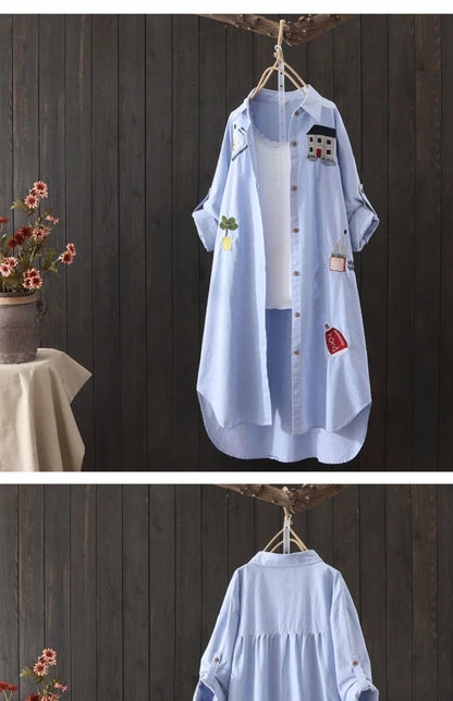 Cotton Embroidery Loose Long White Shirts