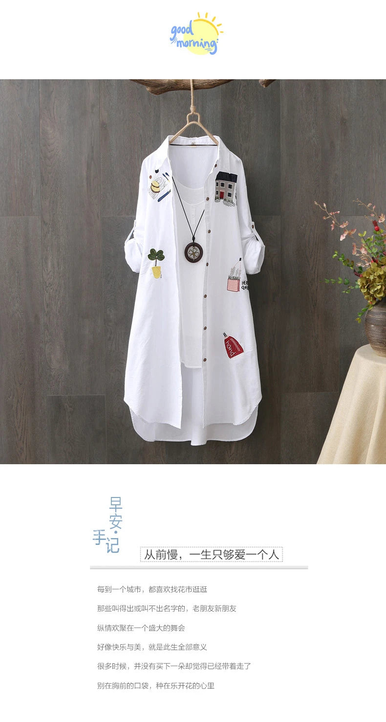 Cotton Embroidery Loose Long White Shirts