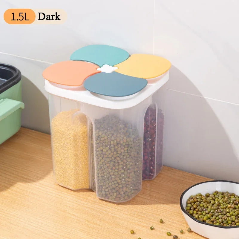 4-Grid Cereal Storage Box – Plastic Sealed Food Container & Grain Tank with Moisture-Proof Lid
