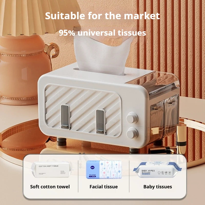 Multifunctional Tissue Box – Phone Holder with Side Storage & Drawer for Home/Office