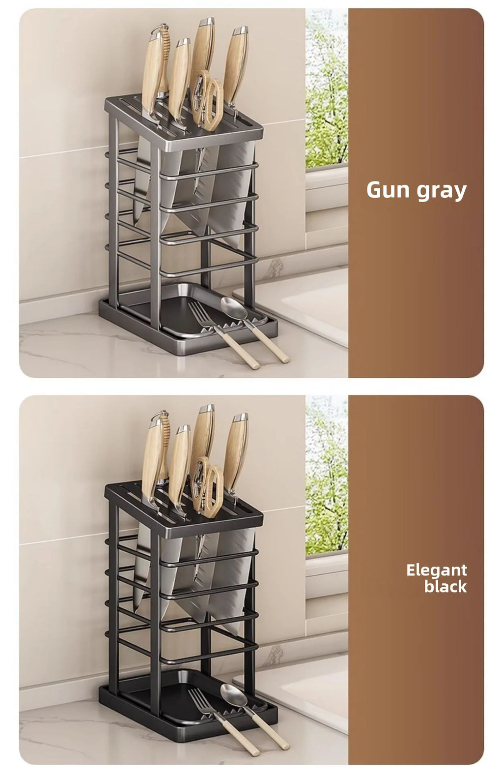 Kitchen Knife Holder – Countertop Storage Rack with Drain Tray & Multi-Function Organizer