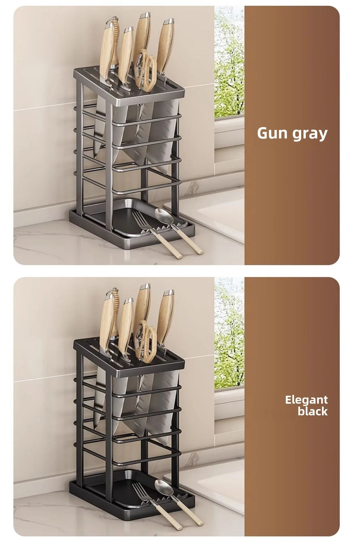 Kitchen Knife Holder – Countertop Storage Rack with Drain Tray & Multi-Function Organizer