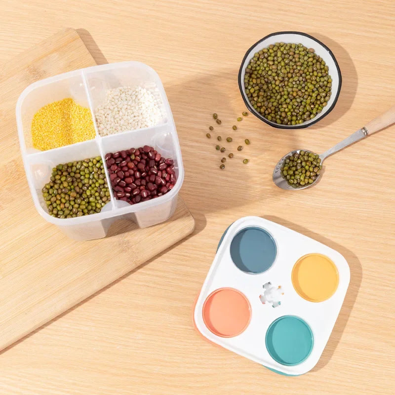 4-Grid Cereal Storage Box – Plastic Sealed Food Container & Grain Tank with Moisture-Proof Lid