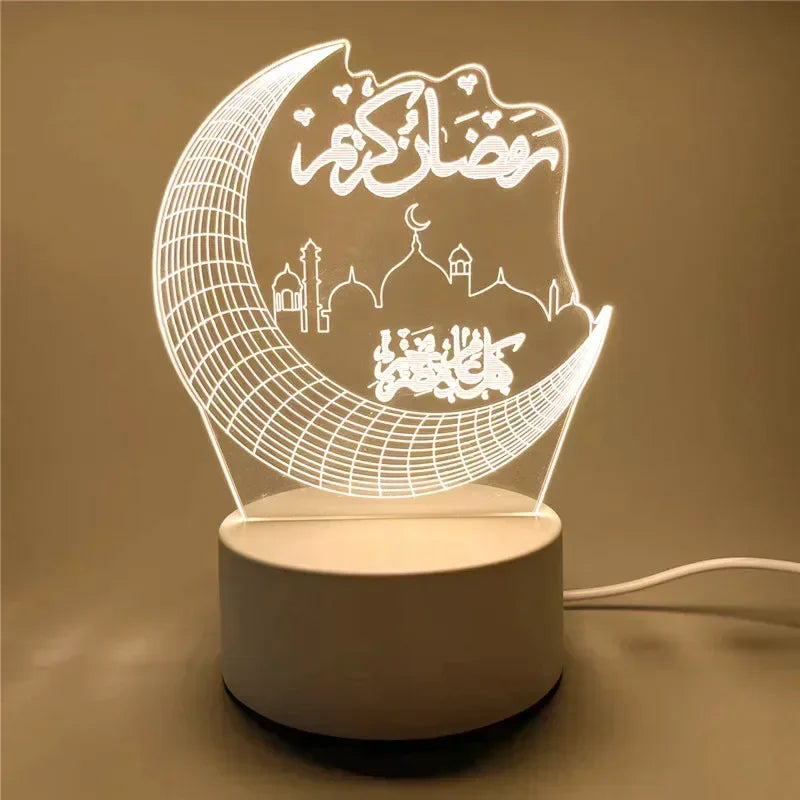 3D Acrylic LED Night Light – Eid Mubarak Ramadan Decor Lamp, USB Powered