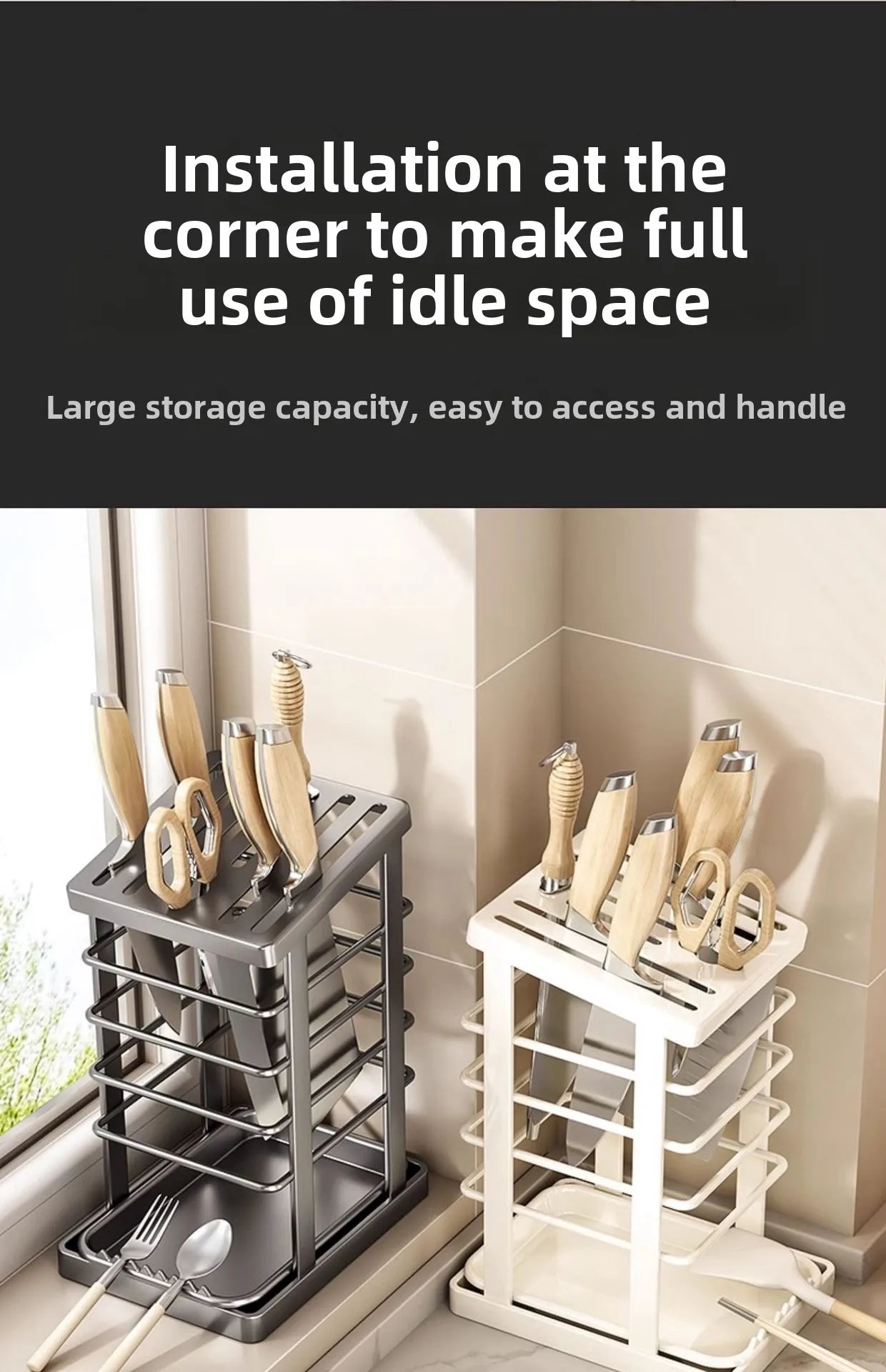 Kitchen Knife Holder – Countertop Storage Rack with Drain Tray & Multi-Function Organizer