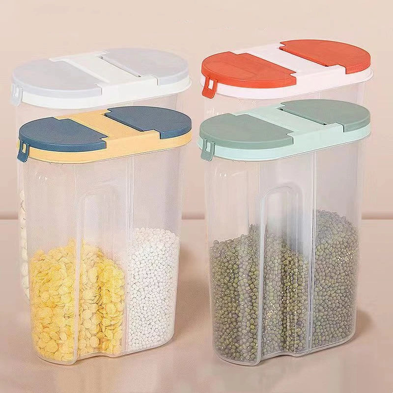 Double-Grid Cereal Storage Jar – Plastic Food Container with Lids for Grains & Cookies