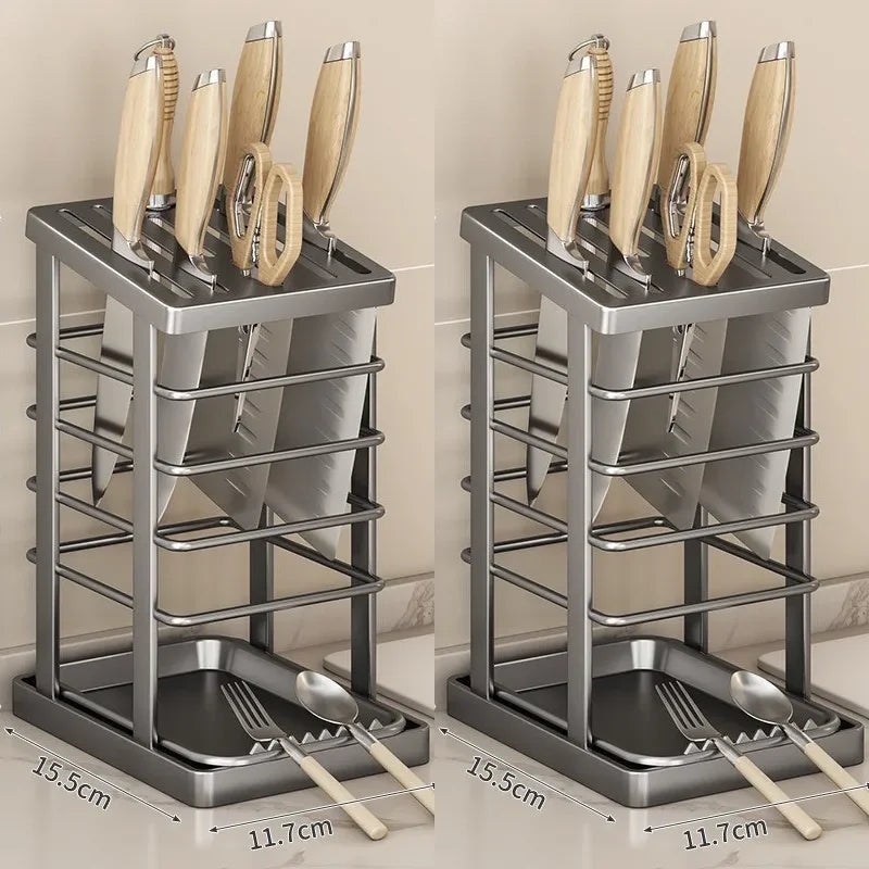 Kitchen Knife Holder – Countertop Storage Rack with Drain Tray & Multi-Function Organizer