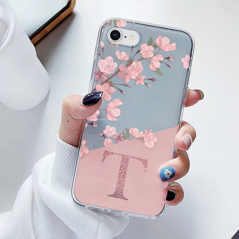 Clear Floral Letter Case – Soft Silicone Transparent Cover for iPhone 7/8/SE