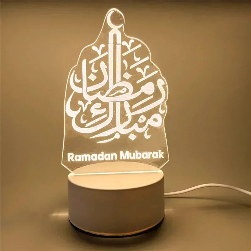 3D Acrylic LED Night Light – Eid Mubarak Ramadan Decor Lamp, USB Powered