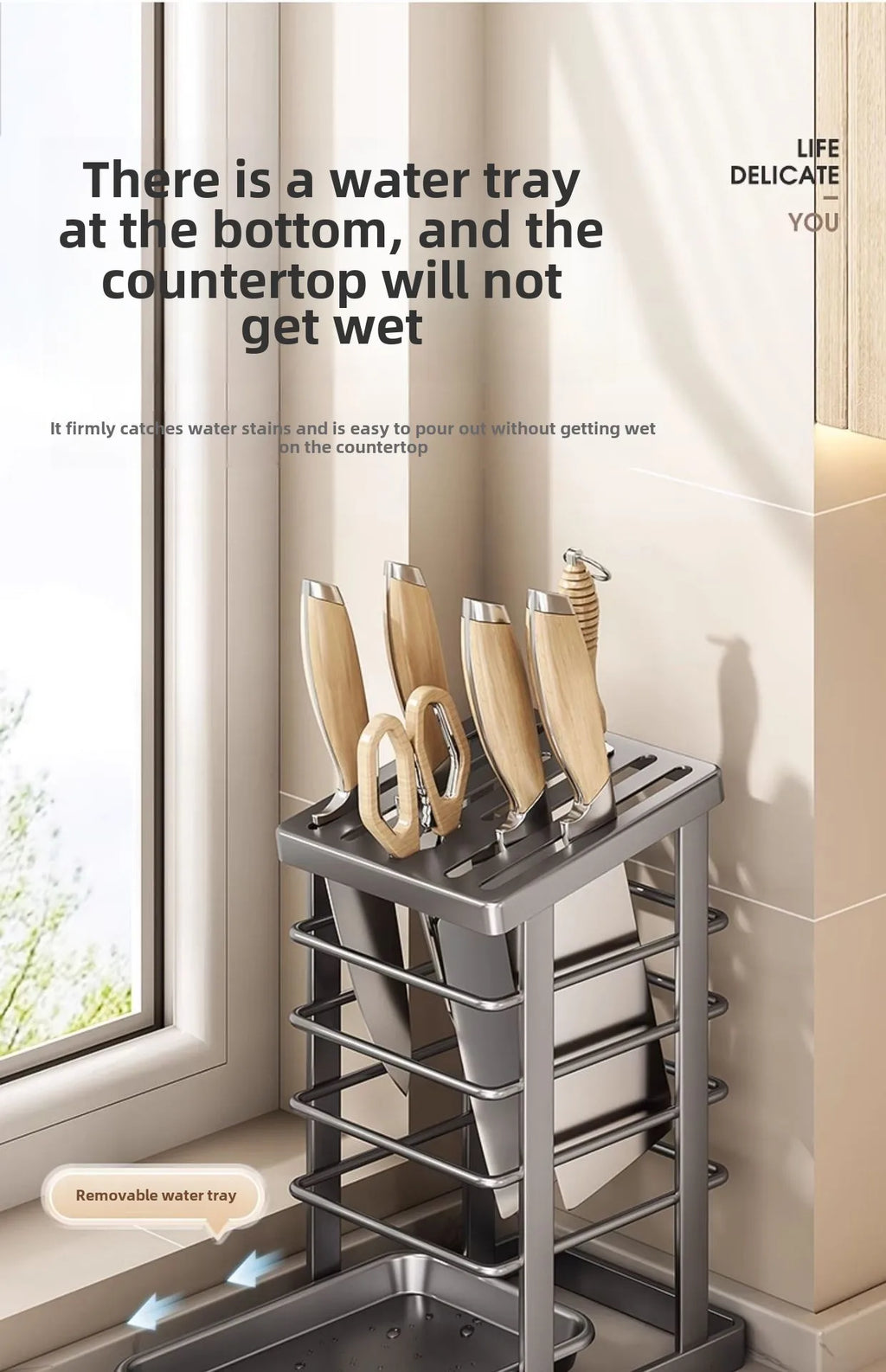 Kitchen Knife Holder – Countertop Storage Rack with Drain Tray & Multi-Function Organizer