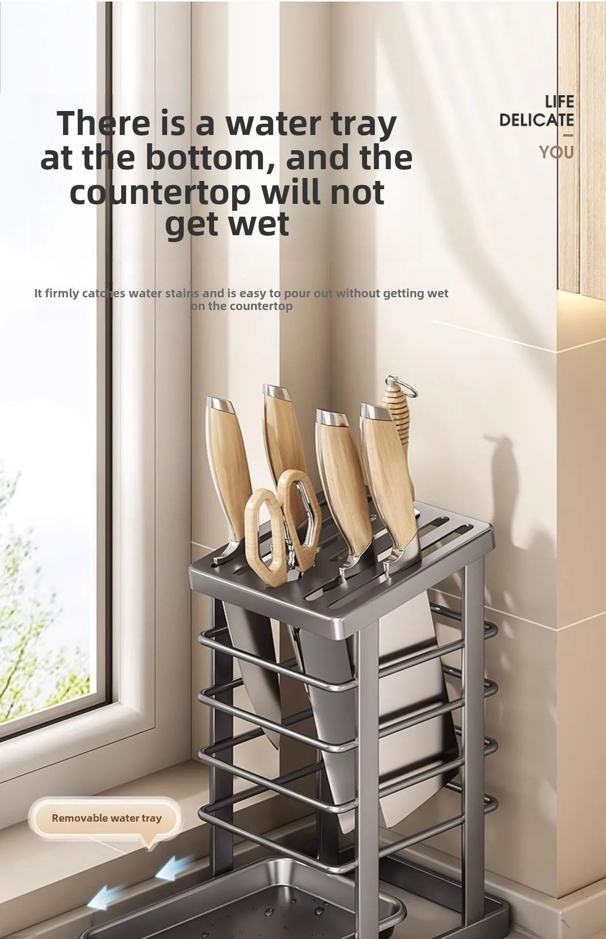 Kitchen Knife Holder – Countertop Storage Rack with Drain Tray & Multi-Function Organizer