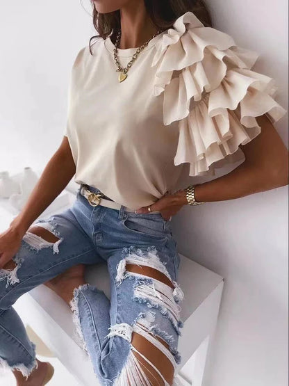 Elegant Mesh Ruffles Short Sleeve Loose T Shirt