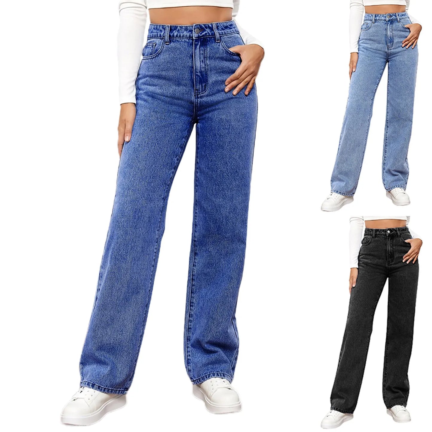 Women Blue Button High Waist Loose Jeans