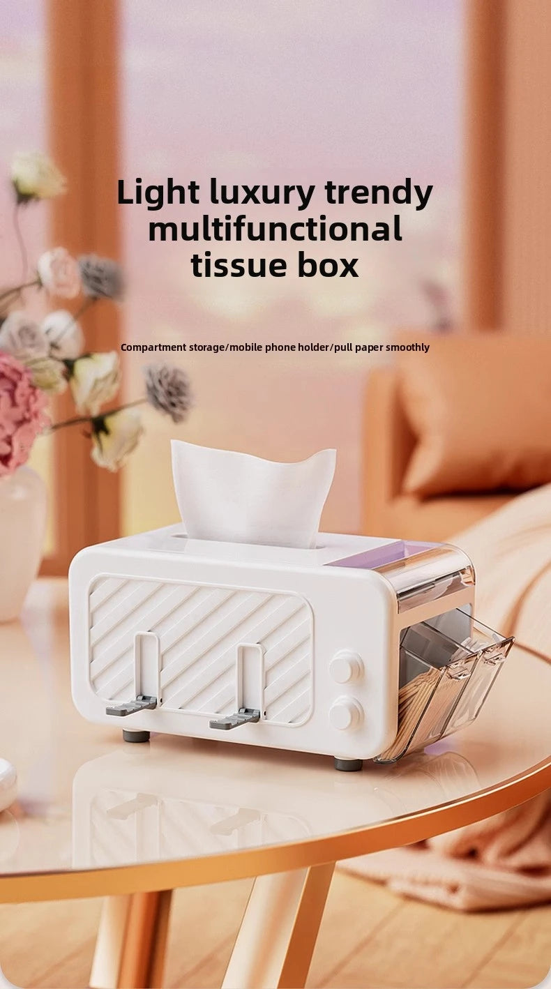 Multifunctional Tissue Box – Phone Holder with Side Storage & Drawer for Home/Office