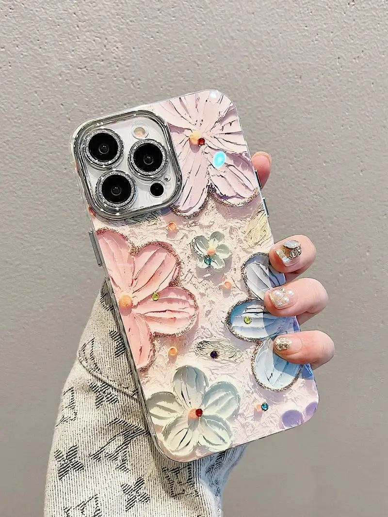 Elegant Floral Glitter Case – Diamond Shockproof Cover with Camera Lens Protection for iPhone 11–16