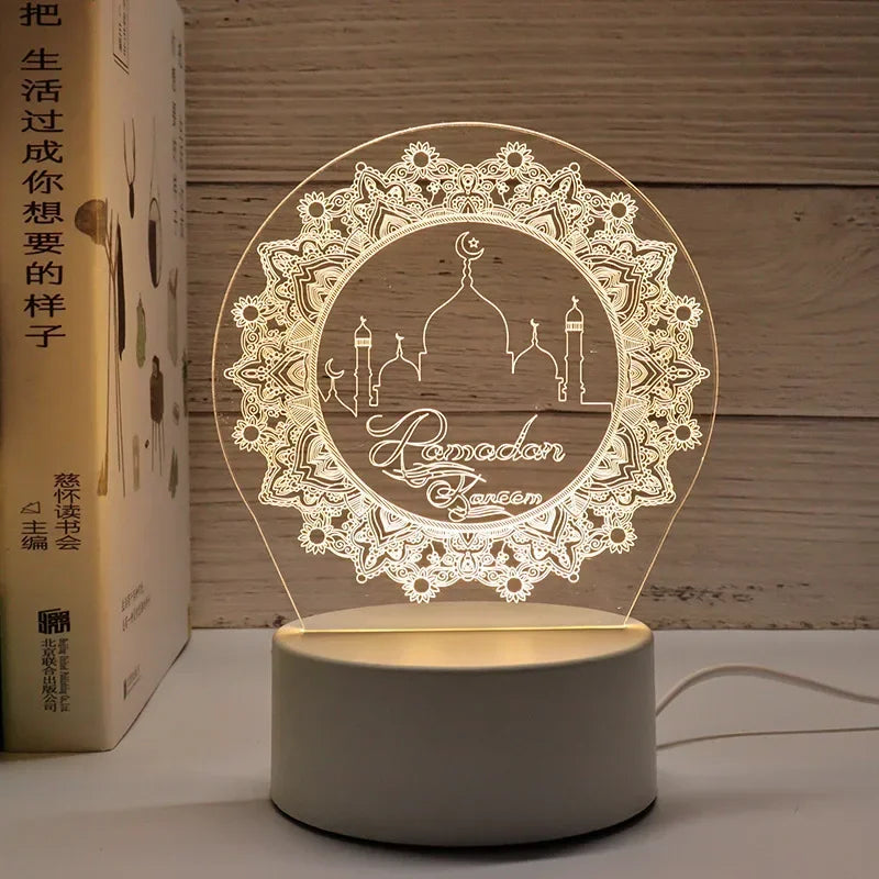 3D Acrylic LED Night Light – Eid Mubarak Ramadan Decor Lamp, USB Powered