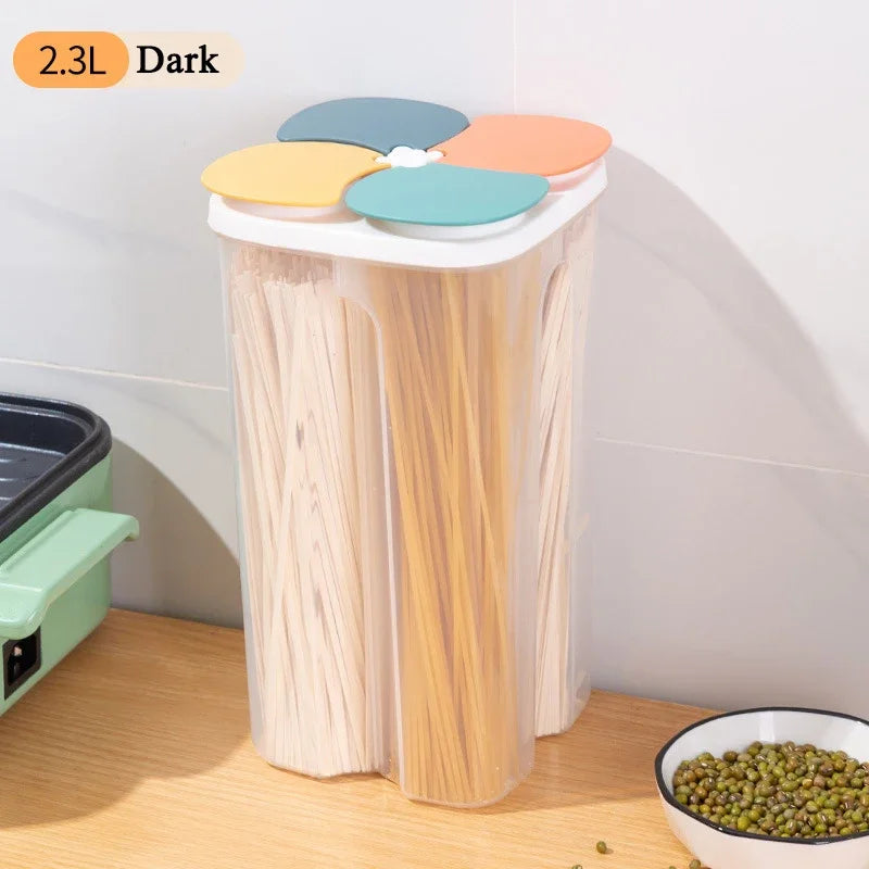 4-Grid Cereal Storage Box – Plastic Sealed Food Container & Grain Tank with Moisture-Proof Lid