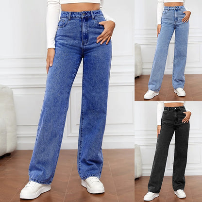 Women Blue Button High Waist Loose Jeans