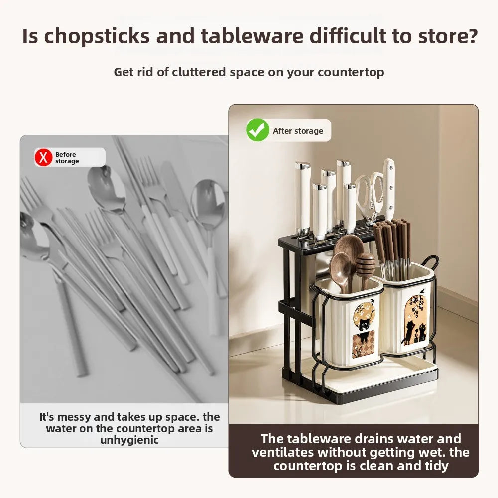 Multi-Function Kitchen Rack – Knife & Chopstick Storage with Drainage for Countertops