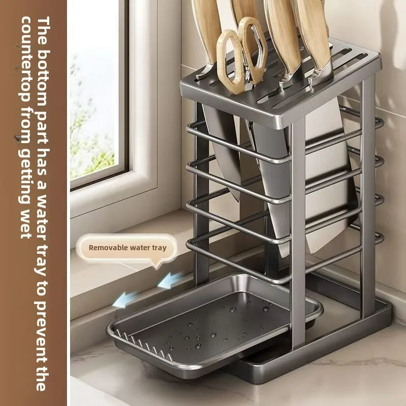 Kitchen Knife Holder – Countertop Storage Rack with Drain Tray & Multi-Function Organizer