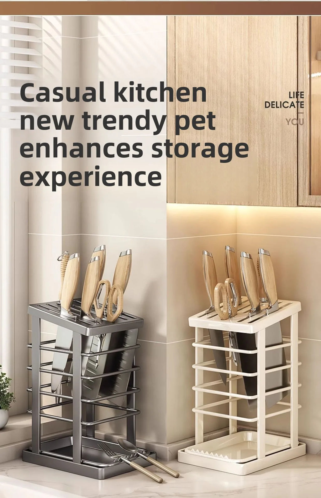 Kitchen Knife Holder – Countertop Storage Rack with Drain Tray & Multi-Function Organizer