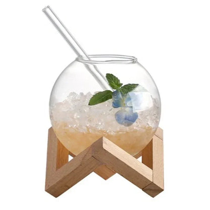 Round Ball Glass Cup with Wood Stand