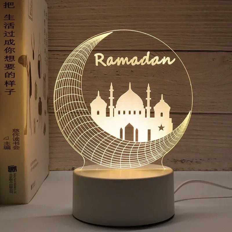 3D Acrylic LED Night Light – Eid Mubarak Ramadan Decor Lamp, USB Powered