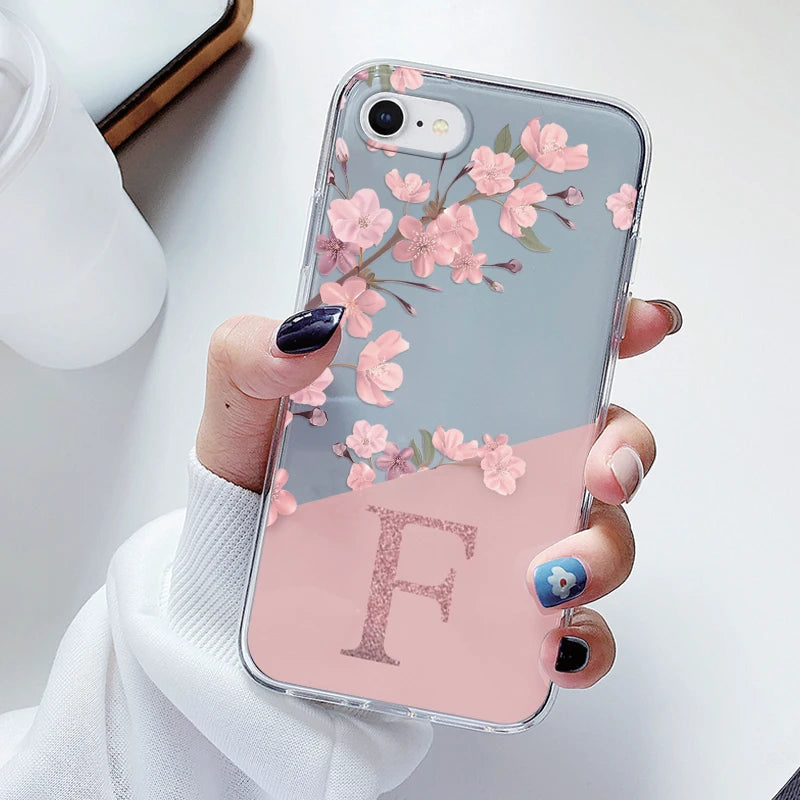 Clear Floral Letter Case – Soft Silicone Transparent Cover for iPhone 7/8/SE