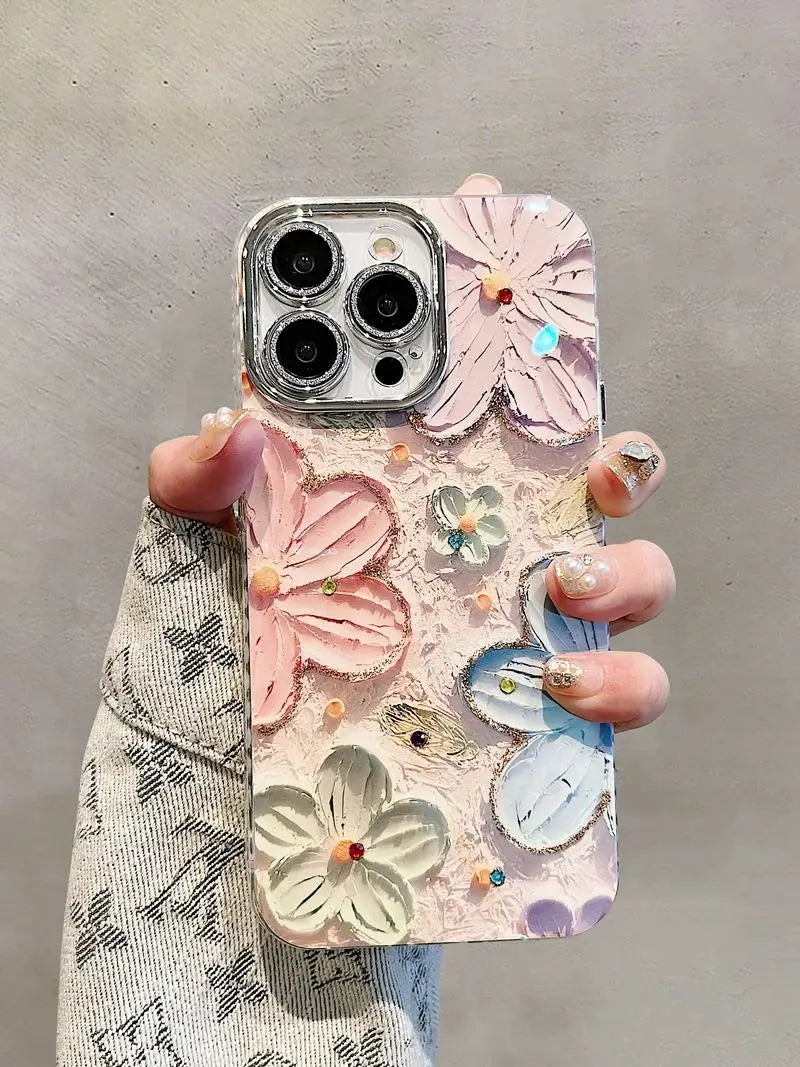 Elegant Floral Glitter Case – Diamond Shockproof Cover with Camera Lens Protection for iPhone 11–16