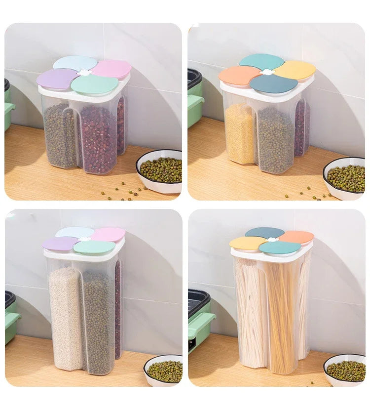 4-Grid Cereal Storage Box – Plastic Sealed Food Container & Grain Tank with Moisture-Proof Lid