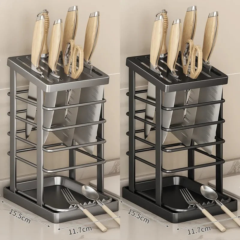 Kitchen Knife Holder – Countertop Storage Rack with Drain Tray & Multi-Function Organizer