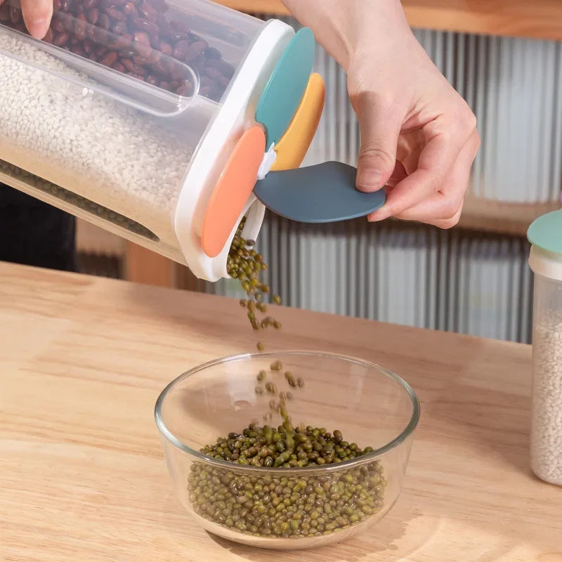 4-Grid Cereal Storage Box – Plastic Sealed Food Container & Grain Tank with Moisture-Proof Lid
