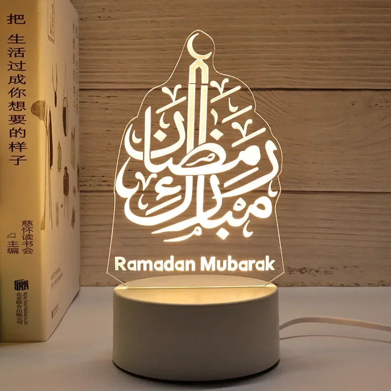 3D Acrylic LED Night Light – Eid Mubarak Ramadan Decor Lamp, USB Powered