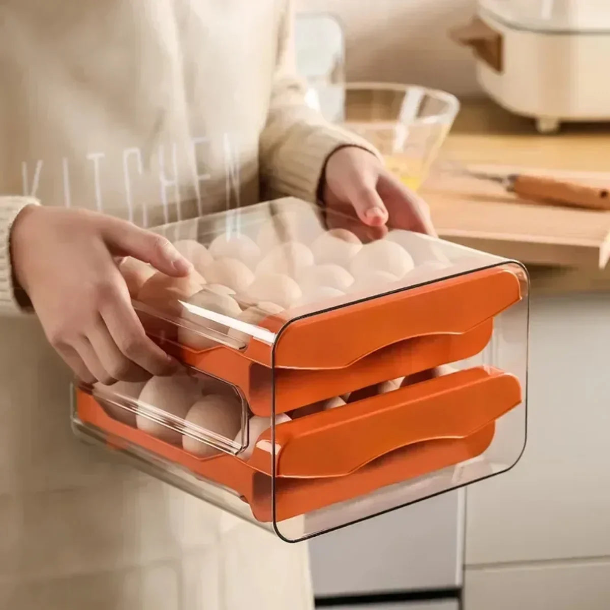 Double-Layer Egg Rack – Automatic Sliding Refrigerator Storage Box