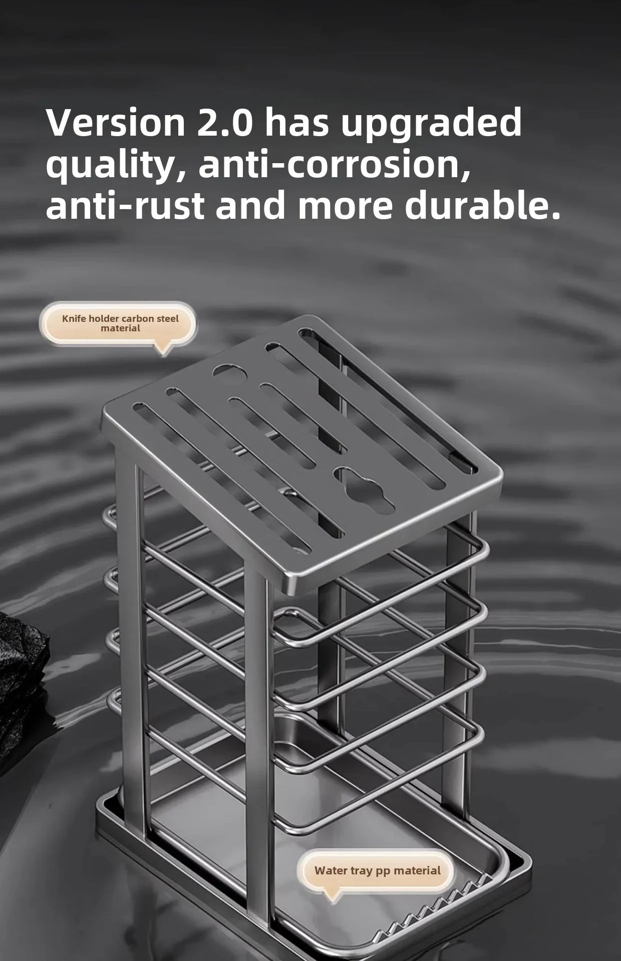 Kitchen Knife Holder – Countertop Storage Rack with Drain Tray & Multi-Function Organizer