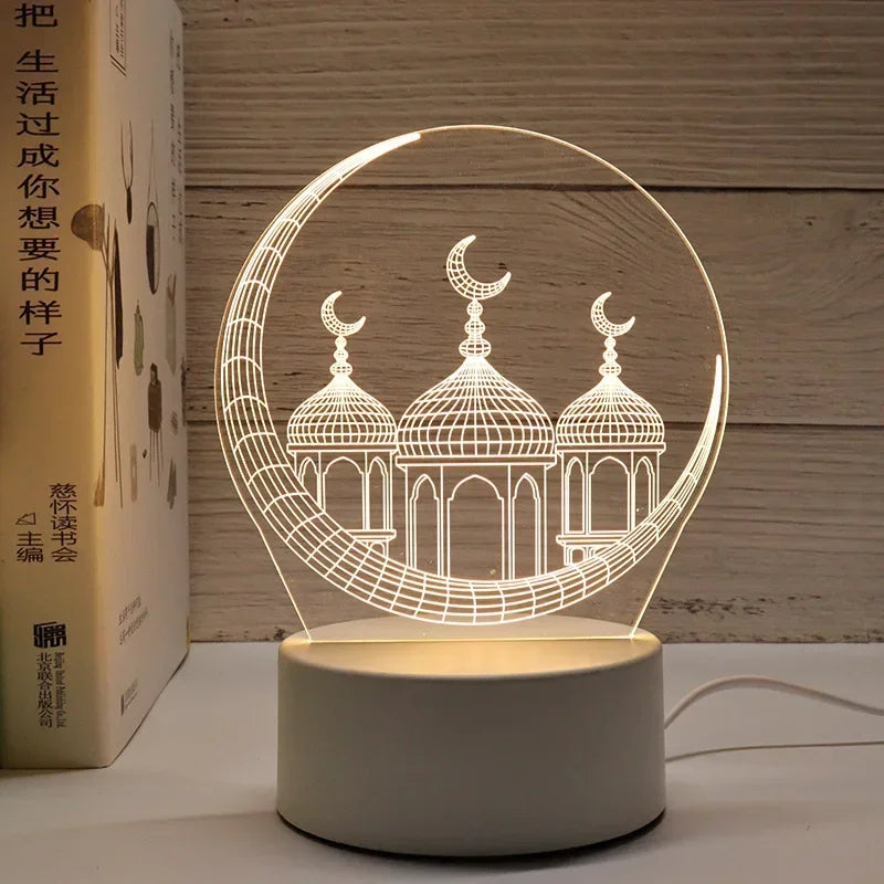3D Acrylic LED Night Light – Eid Mubarak Ramadan Decor Lamp, USB Powered