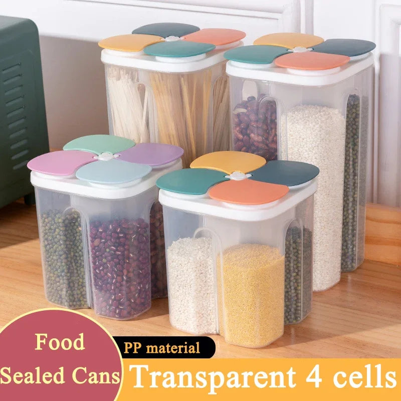 4-Grid Cereal Storage Box – Plastic Sealed Food Container & Grain Tank with Moisture-Proof Lid
