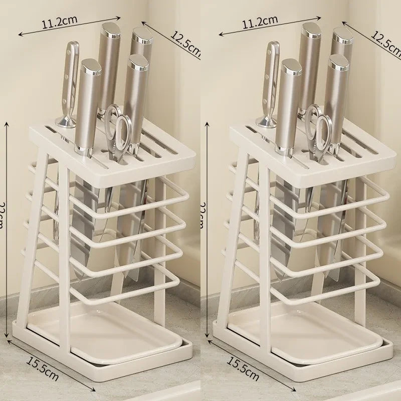 Kitchen Knife Holder – Countertop Storage Rack with Drain Tray & Multi-Function Organizer