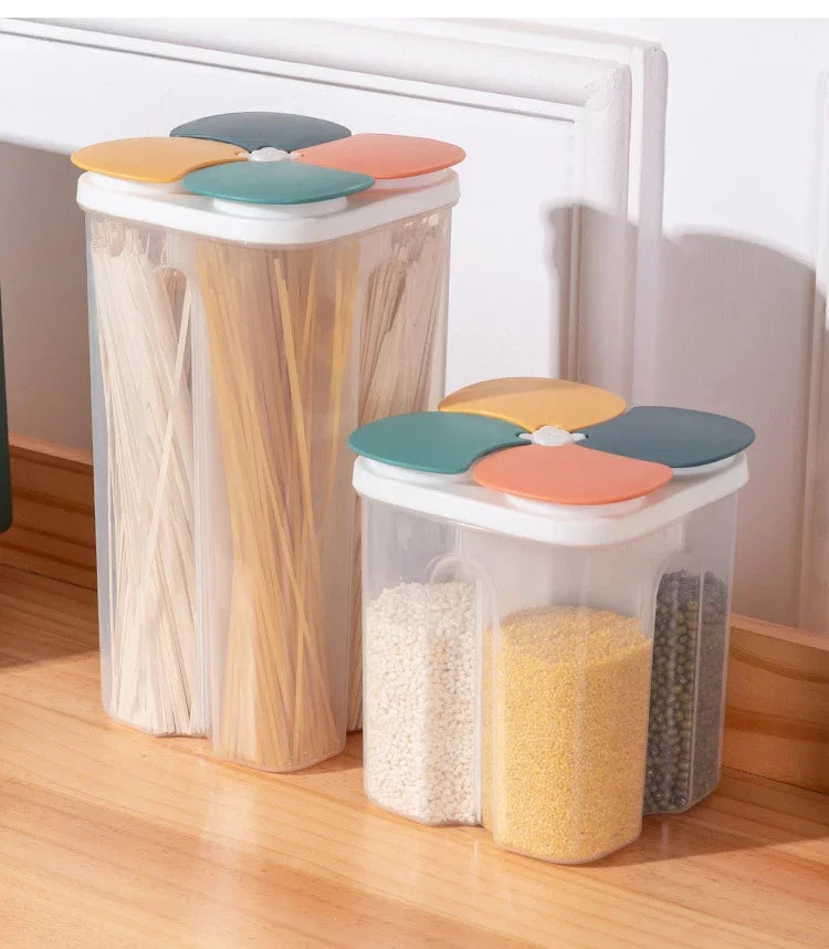 4-Grid Cereal Storage Box – Plastic Sealed Food Container & Grain Tank with Moisture-Proof Lid