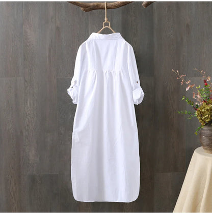 Cotton Embroidery Loose Long White Shirts
