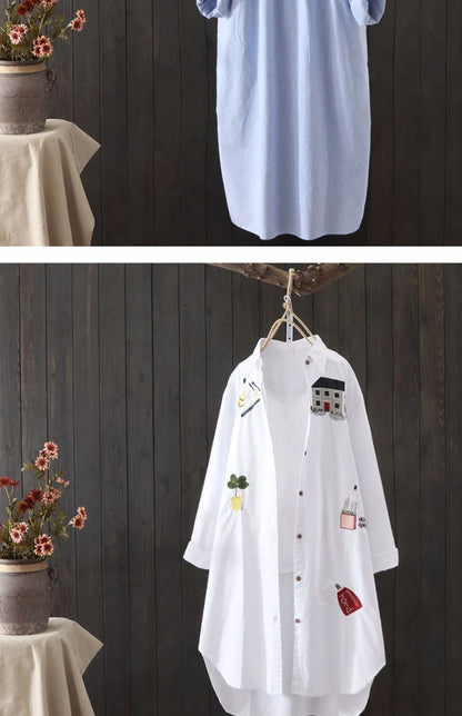 Cotton Embroidery Loose Long White Shirts