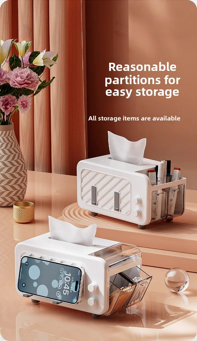 Multifunctional Tissue Box – Phone Holder with Side Storage & Drawer for Home/Office