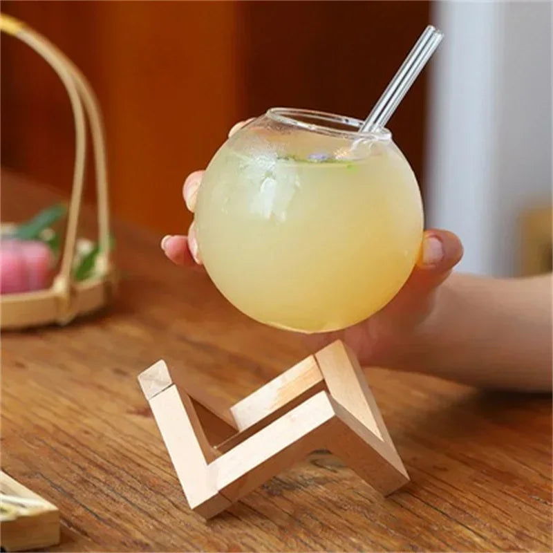 Round Ball Glass Cup with Wood Stand
