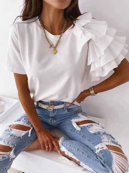 Elegant Mesh Ruffles Short Sleeve Loose T Shirt