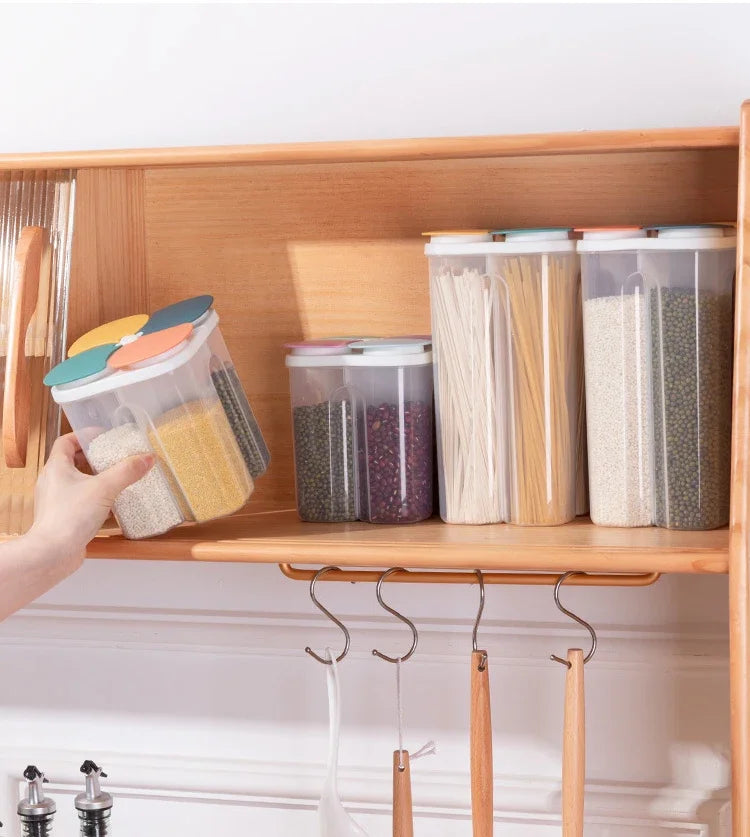 4-Grid Cereal Storage Box – Plastic Sealed Food Container & Grain Tank with Moisture-Proof Lid