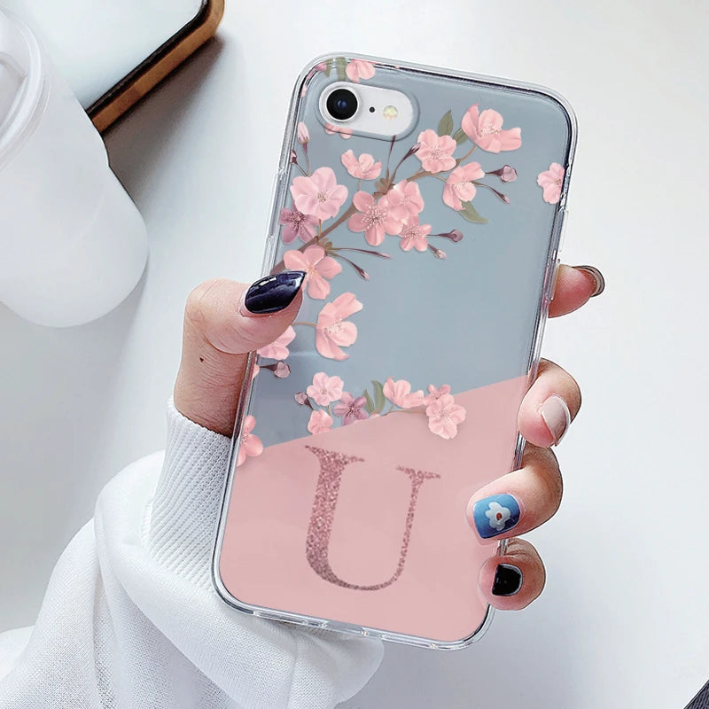 Clear Floral Letter Case – Soft Silicone Transparent Cover for iPhone 7/8/SE